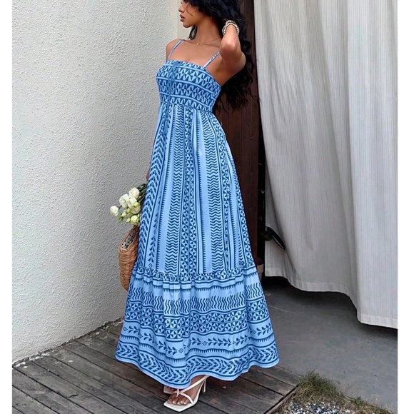 Boho Geo Print Shirred Stretchy Waist Cami Dress - Picture 6 of 13